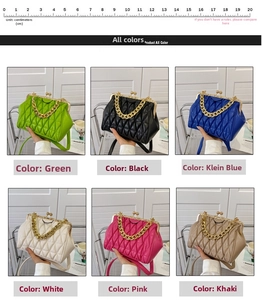 Quilted shell handbags in green, black, blue, white, pink and khaki with gold chains