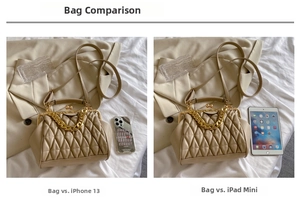 Size comparison of beige pleated shell bag with golden chain against phone and tablet