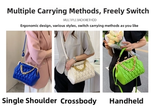 Quilted crossbody bag shown in blue, white and green with chunky gold chain detail