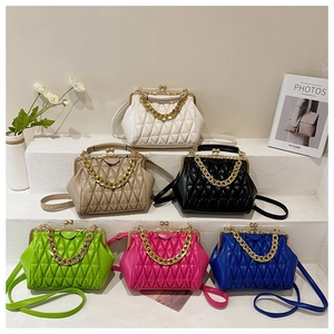 Detailed six-color collection of quilted shell bags with gold metal chain handles