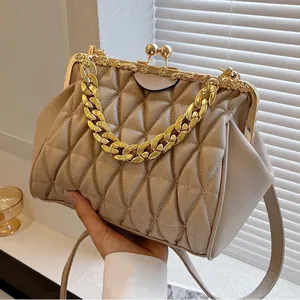 Women Quilted Diamond Lattice PU Leather Crossbody Bag With Gold Chain Decoration And Retro Kiss-lock Frame