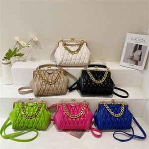 Chic quilted ruched handbag with metal frame and chain handle in six vibrant colors