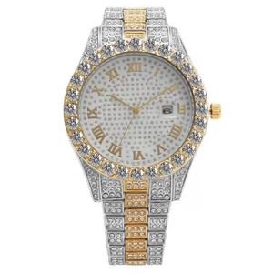 Luxury Roman numeral watch with crystal-encrusted dial and two-tone gold silver band