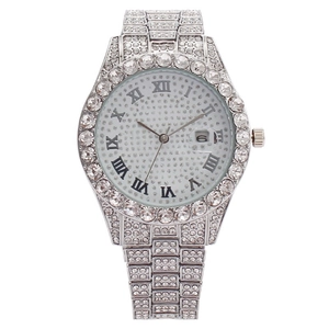 Luxurious silver-tone women's watch with full crystal inlay and Roman numeral dial