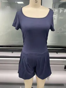 Detail of navy blue rib-knit fabric texture on women's casual short sleeve two-piece set