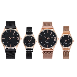 Minimalist quartz couple watches with black and rose gold mesh straps on white background