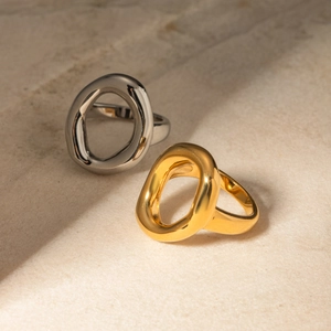 Minimalist Hollow Oval Ring Stainless Steel 18K Gold Plated Geometric Organic Chunky Modern Jewelry For Women