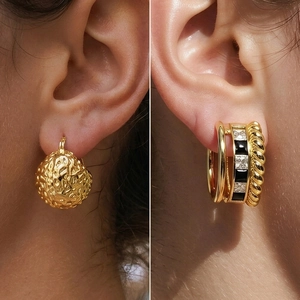 Vintage Brass Hoop Stud Earrings For Women With Zirconia Minimalist Hammered Texture Gold Plated Fashion Jewelry Accessory