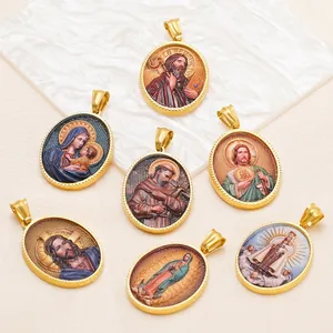 Religious Oval Pendant Stainless Steel PVD 18K Gold Plated Enamel Portrait Virgin Mary Jesus DIY Jewelry Accessory Charm