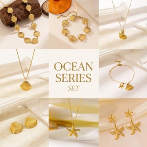 Starfish Seashell Necklace Bracelet Earrings Stainless Steel 18K Gold Plated Faux Artificial Pearl Ocean Theme Summer Beach Fashion