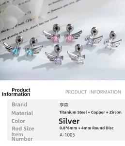Star wing ear studs made of titanium steel with zircon in silver finish 0.8x6mm