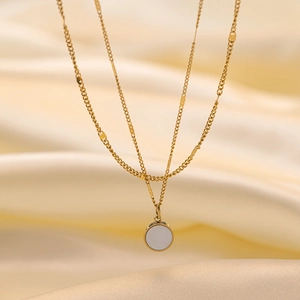 Double-layered gold titanium necklace with minimalist round shell pendant for women