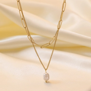 Collana A Strati Da Donna Elegante Acciaio Inossidabile Placcato Oro Con Ciondolo Di Perla Artificial Catena A Graffetta Minimalista