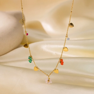 Blumen Herz Perlenhalskette Gold Vergoldeter Edelstahl Dopamin Retro Bunt Süß Schmuck Für Frauen Mädchen Geschenk