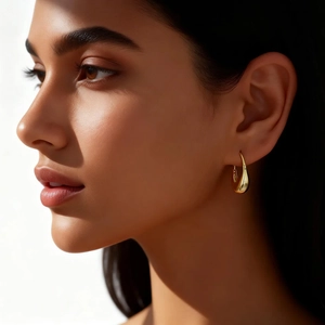 Elegant 925 silver minimalist gold teardrop hoop earrings worn by a female model
