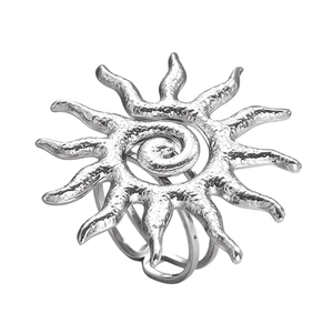 Macro view of silver sun spiral ring with radiant rays and adjustable open band