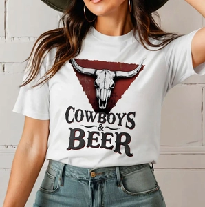 Women T-Shirt Cotton Polyester Western Steer Skull Cowboys Beer Print Casual Loose Round Neck Short Sleeve Vintage Tops