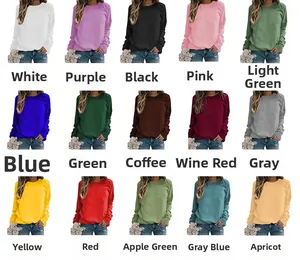 Detailed color palette showing 15 different shades for the crewneck long sleeve sweatshirt