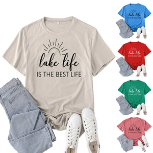 Women Cotton Blend T-Shirt Lake Life Print Sun Graphic Round Neck Loose Summer Casual Short Sleeve Streetwear Top
