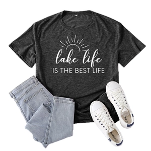 Dark grey Lake Life printed cotton T-shirt flat lay with jeans and sneakers