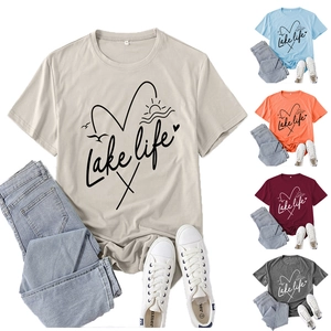Women T-Shirt Lake Life Graphic Print Cotton Blend Casual Short Sleeve Crew Neck Loose Fit Summer Tops