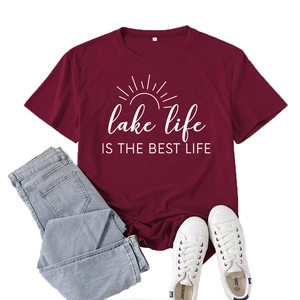 Women's burgundy lake life graphic t-shirt with short sleeves and white lettering