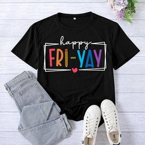 Women's black happy fri-yay printed casual t-shirt with short sleeves and round neck