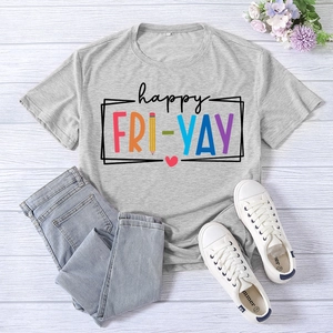 Grey Happy Fri-yay printed t-shirt paired with denim shorts and white canvas sneakers
