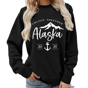 Women's black Alaska Cruisin print crewneck sweatshirt with mountain and anchor graphic