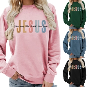 Women Sweatshirt Cotton Blend Crewneck Long Sleeve Jesus The Way The Truth The Life Printed Casual Pullover Streetwear