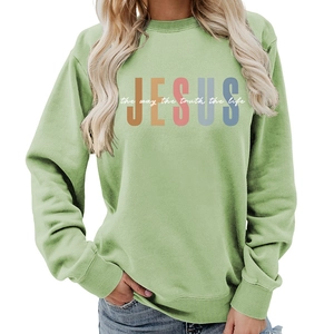Light green crewneck sweatshirt featuring Jesus the way truth the life colorful print