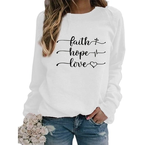 Women Sweatshirt Faith Hope Love Print Long Sleeve Crew Neck Polyester Casual Pullover Streetwear Top