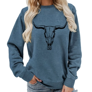 Women Crewneck Sweatshirt Bull Skull Print Long Sleeve Polyester Western Retro Casual Loose Top