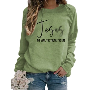 Women's crew neck grass green Jesus printed sweatshirt in a casual long sleeve fit