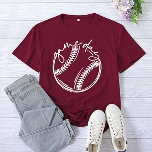 Women T-Shirt Game Day Baseball Graphic Print Short Sleeve Crew Neck Loose Casual Summer Cotton Blend Top