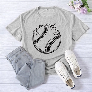 Women's plus size grey t-shirt featuring Game Day baseball print and denim flat lay