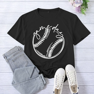 Women's Game Day printed black t-shirt, casual loose short sleeve top in soft cotton fabric