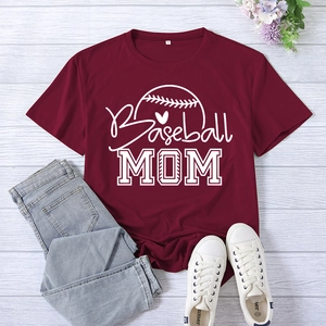 Burgundy Baseball Mom printed T-shirt paired with jeans on a white wood background
