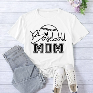 White Baseball Mom graphic T-shirt with heart design, flat lay on wood background
