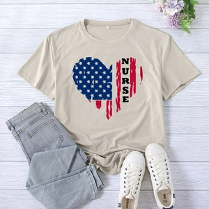 Nurse Heart American Flag Print Women T-Shirt Short Sleeve Crew Neck Cotton Polyester Blend Casual Loose Summer Top