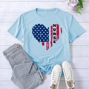 Light blue crew neck nurse t-shirt with heart print and stars and stripes detail