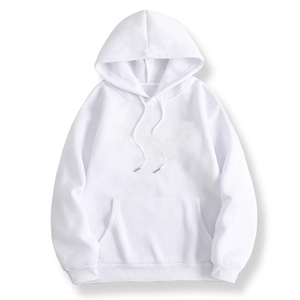 Classic white hooded sweatshirt for women featuring front kangaroo pocket and drawstring hood