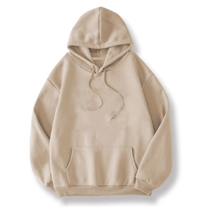 Women's oversized beige hooded sweatshirt with front kangaroo pocket and drawstring hood