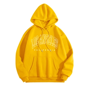 Detail of yellow Los Angeles California hoodie showing texture and kangaroo pocket