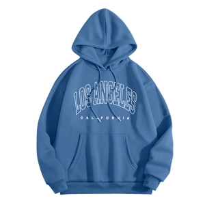 Detail of Los Angeles print on navy blue hoodie with adjustable drawstring and kangaroo pocket