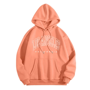 Detail of Los Angeles print on coral oversized hoodie with drawstring and kangaroo pocket