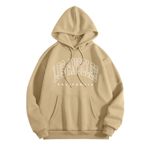 Detail of Los Angeles print on khaki oversized hoodie with kangaroo pocket and drawstrings