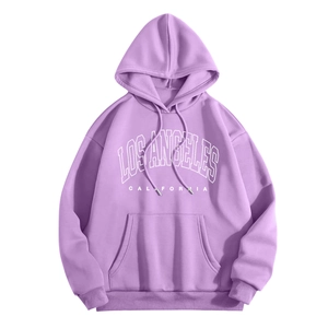 Detail of purple LOS ANGELES hoodie showing drawstring hood and white lettering print
