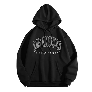 Detail of black hoodie with white Los Angeles California print and kangaroo pocket