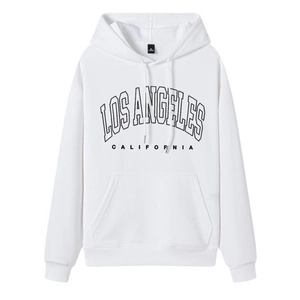 Detail of Los Angeles California print on white oversized hoodie with drawstring